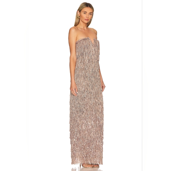 NWT BRONX AND BANCO ISLE SEQUINED FRINGE GOWN IN GOLD - Picture 3 of 9